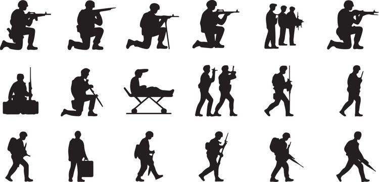 Set of military soldier icons in various poses, actions, and roles, including medical staff. silhouette vector illustration