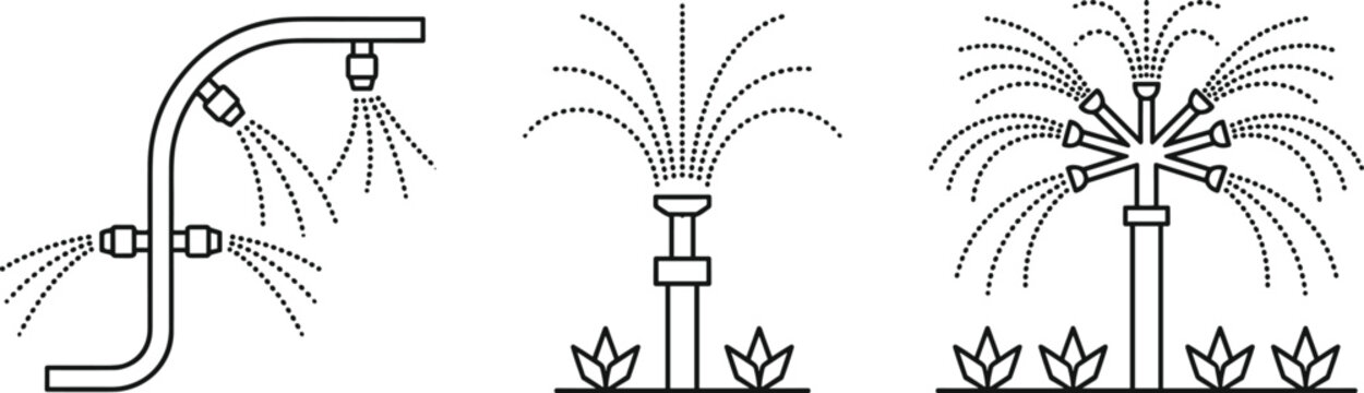 Garden irrigation system line art icon set featuring automatic water sprinklers and agricultural sprayers watering plants