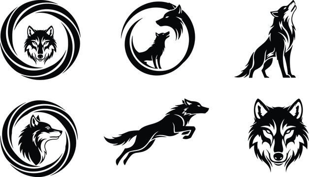 Wolf vector logo icon set featuring powerful black silhouettes of howling running and jumping wolves head profiles and dynamic circular framing emblems