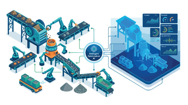 Industrial automation factory production line with conveyors and robotics.