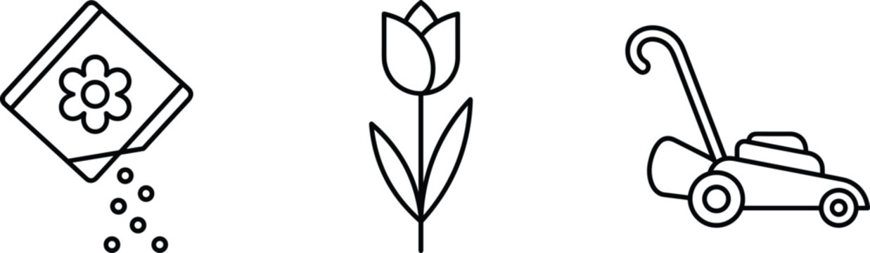 Gardening and lawn care line icon set featuring seed packet pouring seeds tulip flower and lawn mower vector illustration