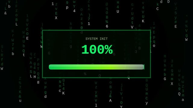 Matrix code rain loading progress HUD seamless loop alpha overlay with percentage counter and green cyber digits