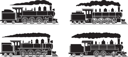 Vintage steam locomotive silhouettes collection four classic train designs. silhouette vector illustration © alimon