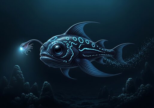 Deep sea anglerfish illustration with bioluminescence in dark ocean depths