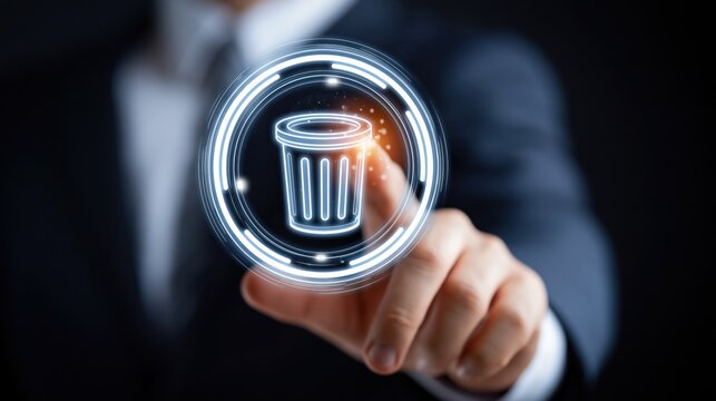 Businessman touches glowing digital delete icon, symbolizing data deletion and removal from digital systems