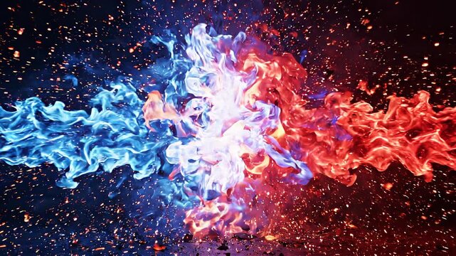 Abstract image of colliding red and blue fire flames