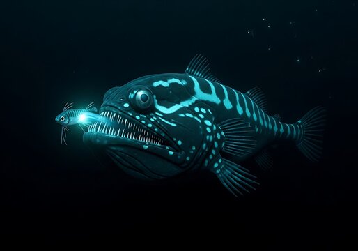 Deep sea fish with bioluminescent glow hunting in dark ocean waters