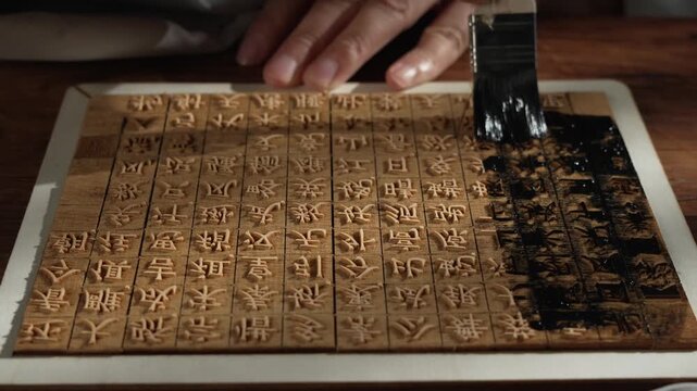 Hand Inking Carved Wooden Block with Chinese Characters