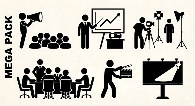 Mega pack of business, media, and communication silhouette icons featuring meetings, presentations, and filming