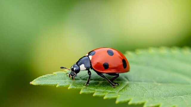 Ladybug on a Leaf - Close-Up of a Red Beetle.