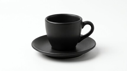 Fototapeta premium Black ceramic coffee cup with matching saucer on a plain white background.