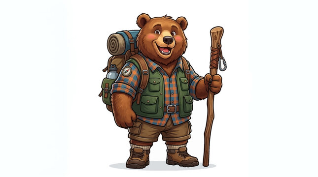 Cartoon bear mascot dressed for hiking with backpack and walking stick