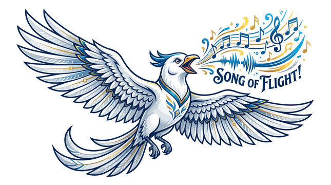 Vibrant bird mascot singing musical notes in flight