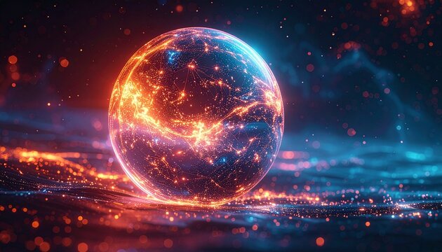 A glowing abstract globe sphere with radiant orange and blue digital light connections representing global technology and modern connectivity.