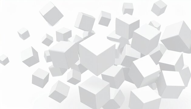 Abstract composition featuring many floating white cubes in random spatial orientation creating a minimalist modern geometric background design.