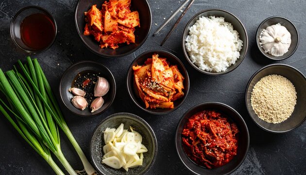 Top view of assorted bowls with fermented spicy cabbage kimchi white rice garlic cloves and spring onions on a dark textured background.