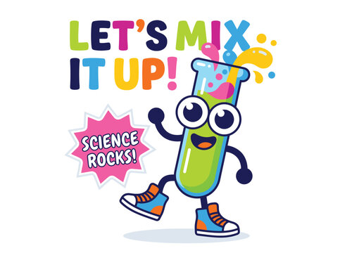 Let's Mix It Up! Playful Science Rocks Cartoon, vibrant test tube character with colorful liquid splash, engaging educational vector illustration for children's content and learning materials.