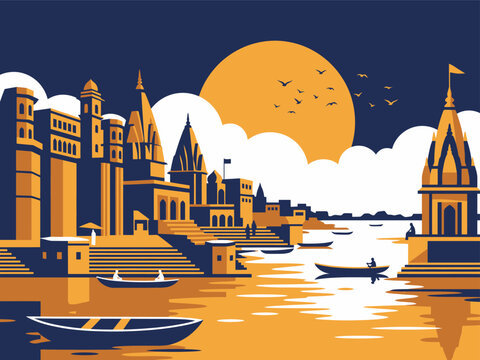 Varanasi cityscape vector illustration, traditional Indian architecture along the sacred Ganges River, golden sunset with boats and birds, spiritual travel destination