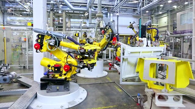Yellow Robotic Arms Working on Automated Factory Assembly Line