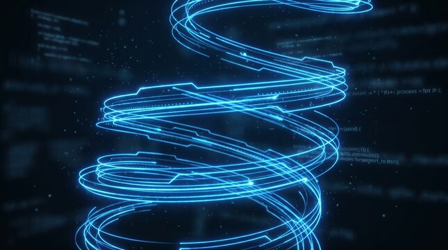 Abstract Blue Digital Spiral of Data with Programming Code Background