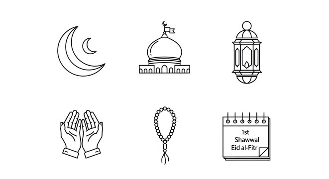 Islamic Icons for Ramadan and Eid: Moon, Mosque, Prayer, Calendar