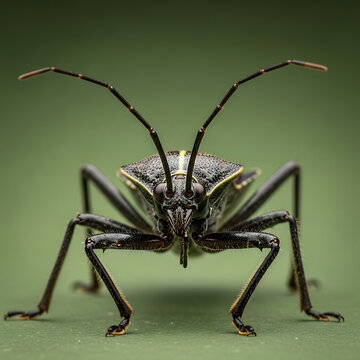 A large black insect with long antennae is standing on a green surface