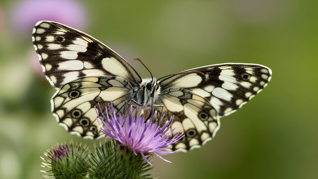 Marbled white butterfly on purple thistle flower, melanargia galathea insect with black and white wings, macro nature photography of wild butterfly