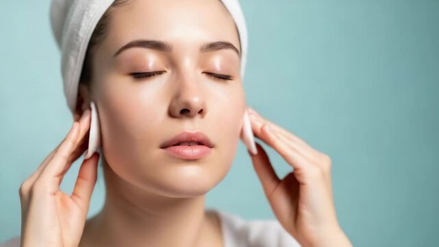 Young woman woman is removing makeup with oil with cotton pads in modern bathroom  