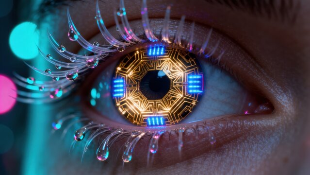 cybernetic eye with glowing circuitry
