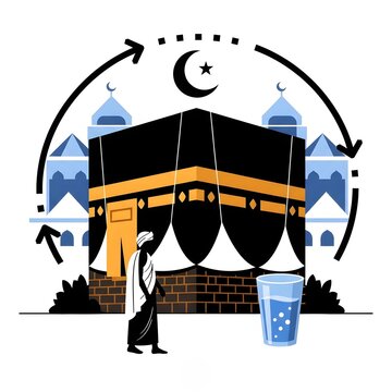 Hajj Pilgrimage Illustration with Kaaba, Pilgrim, and Water for Thirst