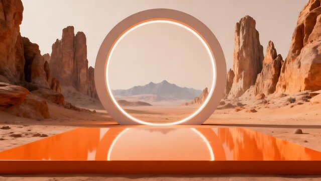 Futuristic portal in desert landscape