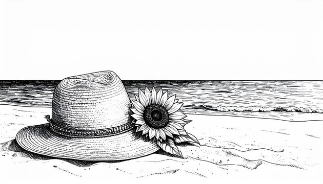 ペン画で書かれた麦わら帽子と横に添えられた一輪のひまわり、砂浜と海、コピースペース付き