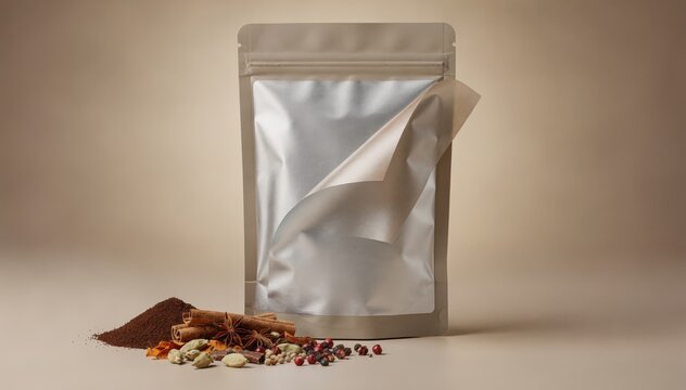 Medium shot showcasing triplex barrier packaging featuring three distinct layers securing the rich scent and flavor of freshly ground coffee and mixed spices.