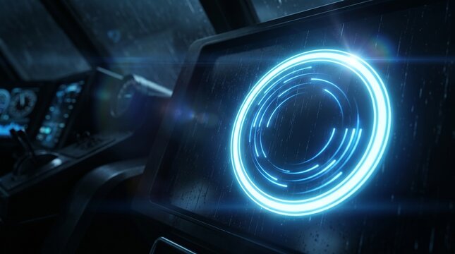 Futuristic cockpit interface with glowing blue circular display