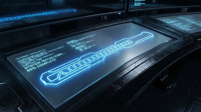 Futuristic digital interface showing weapon blueprint initializing