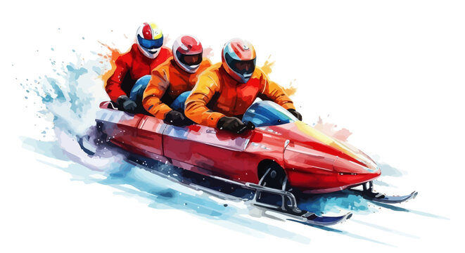 Three athletes racing on a red bobsled on ice track