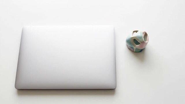Laptop and Dice on White Background - Minimalist Tech Still Life.