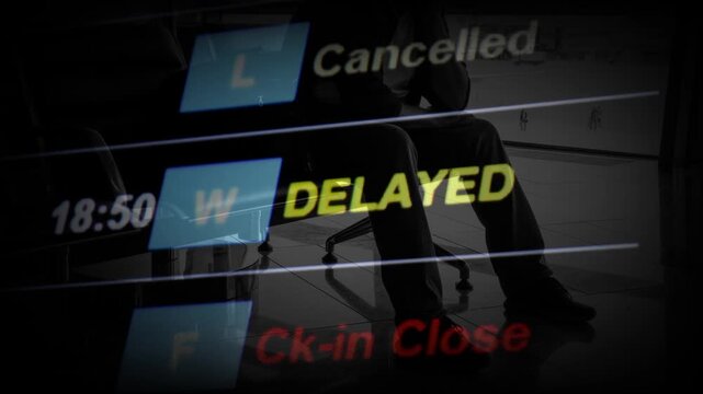 Flights delayed and canceled on departure board, flight delay footage. Device screen with airport flight information.