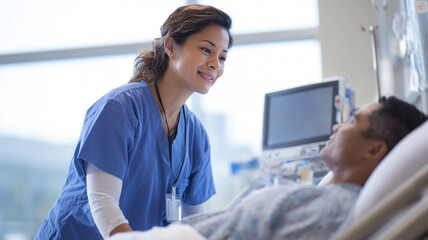 Fototapeta premium A healthcare professional, a nurse in scrubs, checking a patient's vitals in a hospital room. 