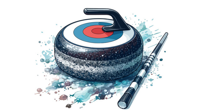 Curling stone and broom on ice with colorful splash