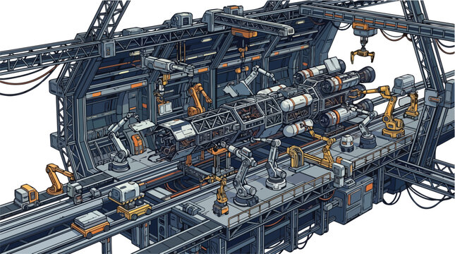 Complex industrial machinery assembly line with workers.