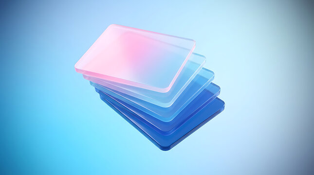 A stack of translucent square plates in various shades of blue and pink on a gradient blue background