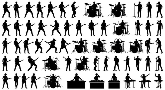 Large icon set of musician silhouettes featuring guitarists drummers singers keyboardists and DJs performing music