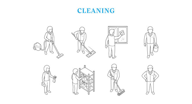 Isometric architectural entourage scale figures of cleaning services vector collection of minimalist clean line art janitors and workers for interior rendering visualization