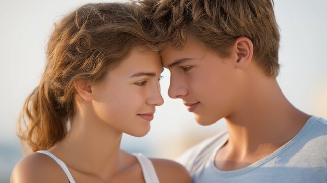 Two young people lean in closely, sharing a tender gaze filled with affection while enjoying a sunny day at the beach, surrounded by a calming atmosphere