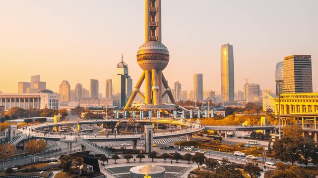 Shanghai Lujiazui Skyline with Oriental Pearl Tower at Sunset in Shanghai, China