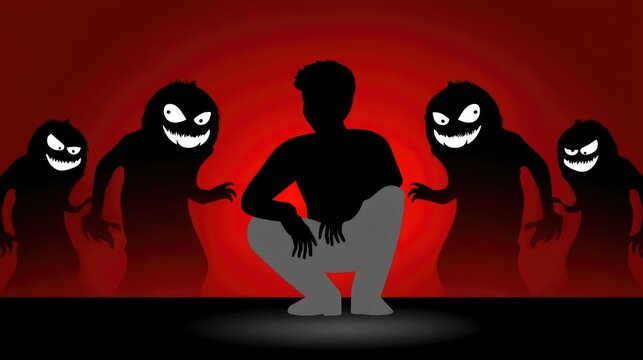 Man surrounded by evil silhouettes.