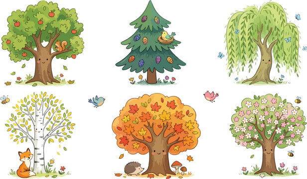 Cute cartoon trees collection with forest animals, set of 6 seasonal tree illustrations, woodland nature characters for children book design