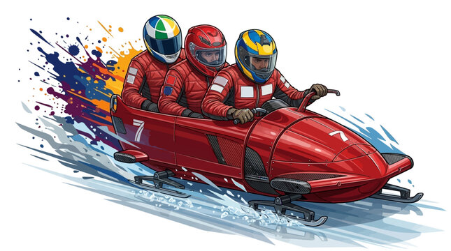 Swiss bobsleigh team racing down icy track with colorful splash