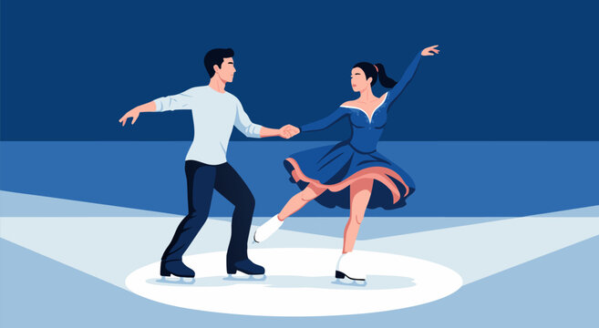 Dynamic ice skating pair performing a graceful routine on a vibrant rink, an elegant vector illustration capturing the artistry and movement of figure skaters with precision